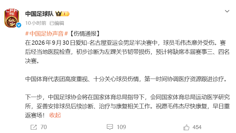 PG电子官方网站PG电子足协深夜发布:毛伟杰初步诊断为左踝关节韧带损伤,无缘亚运会季军战